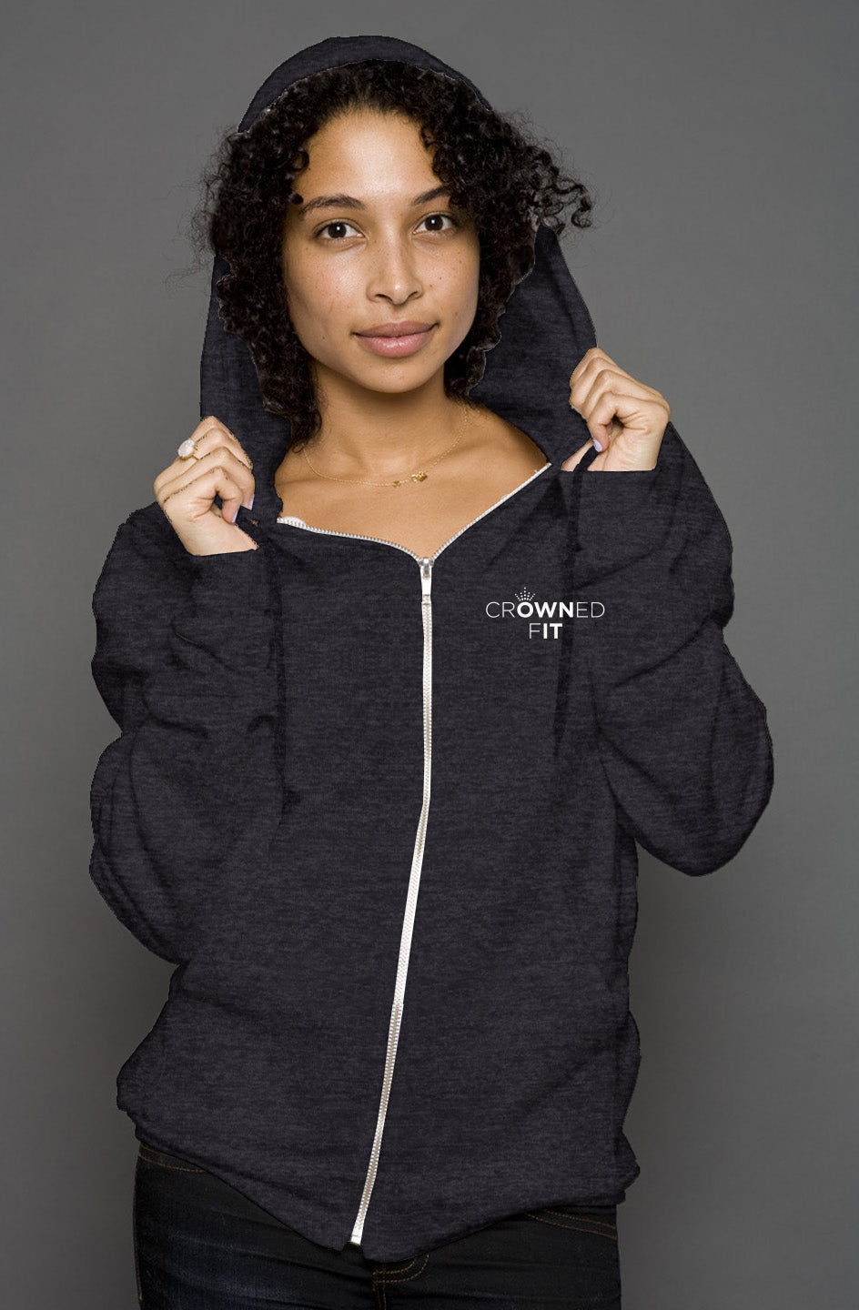 Crowned Fit Unisex Zip Hoodie White Logo
